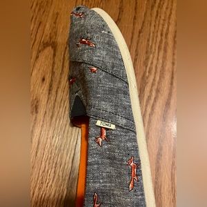 Toms slip ons.  Fox print and  light blue chambray fabric gently worn
